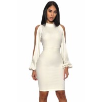 White Cut Out Sleeve Stretch Crepe Bandage Party Dress